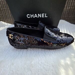 Chanel Black Sequin Loafers